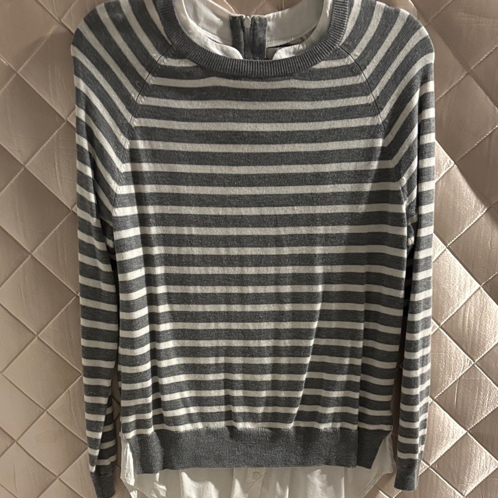 Joie Gray and White Striped Crew Neck Sweater